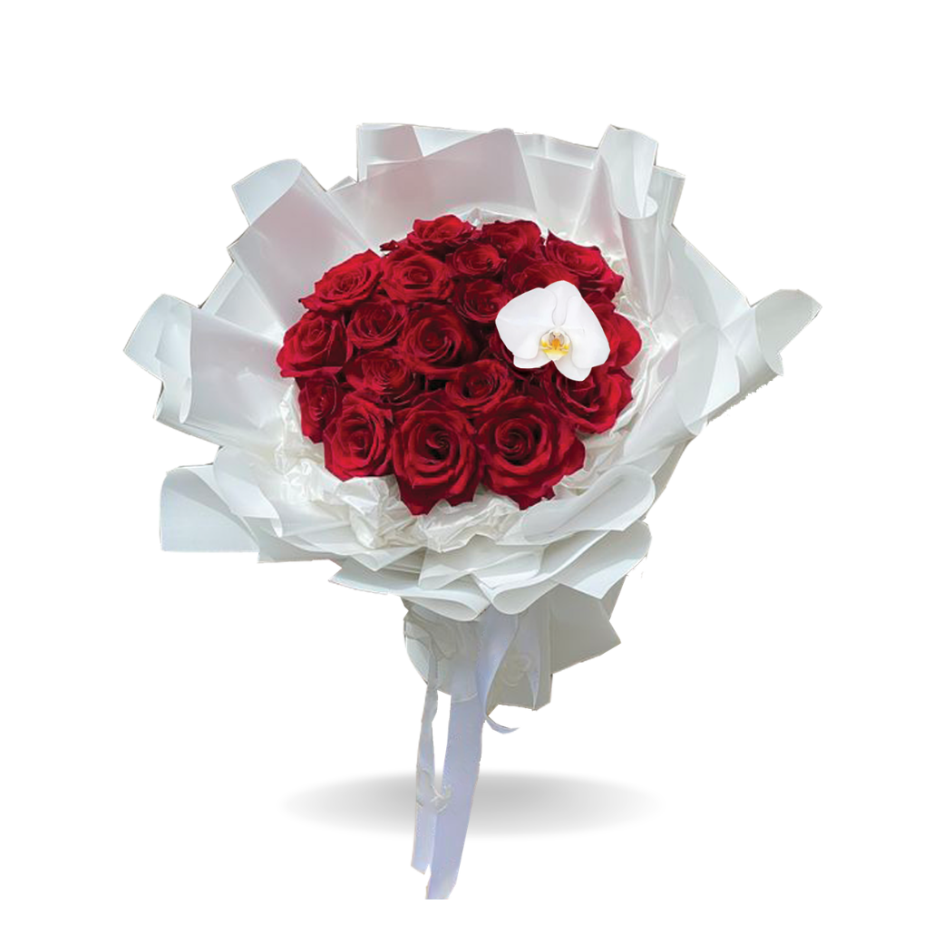"Rouge Royale" ช่อกุหลาบแดง 20 ดอก ประดับด้วยกล้วยไม้