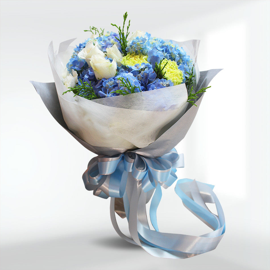 "Shades Of Blue" Bouquet With Roses, Hydrangea And Carnation - April Flora