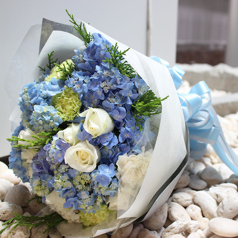 "Shades Of Blue" Bouquet With Roses, Hydrangea And Carnation - April Flora